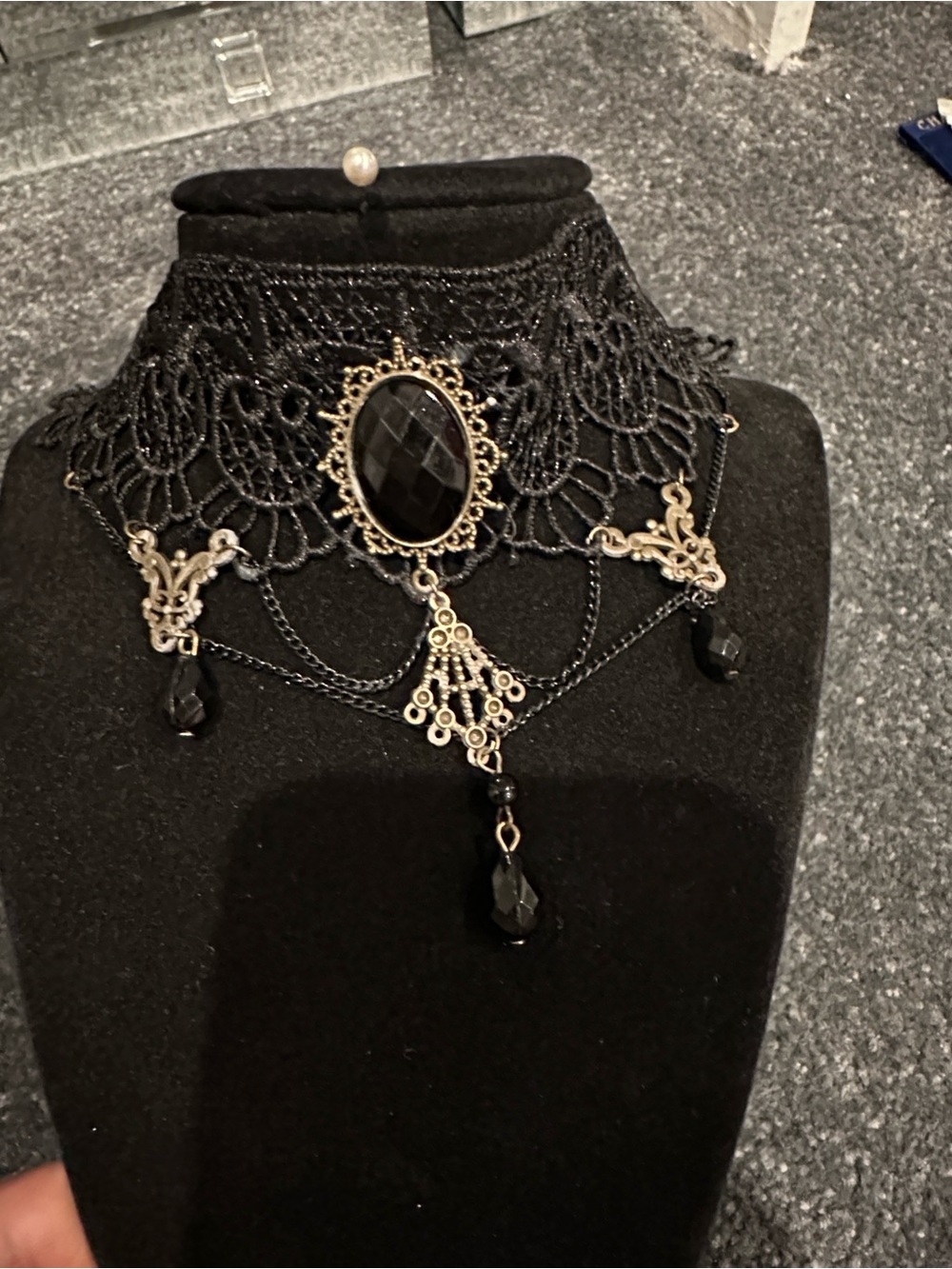 Victorian-Inspired Black Lace Choker Necklace with Gold Accents Chocker